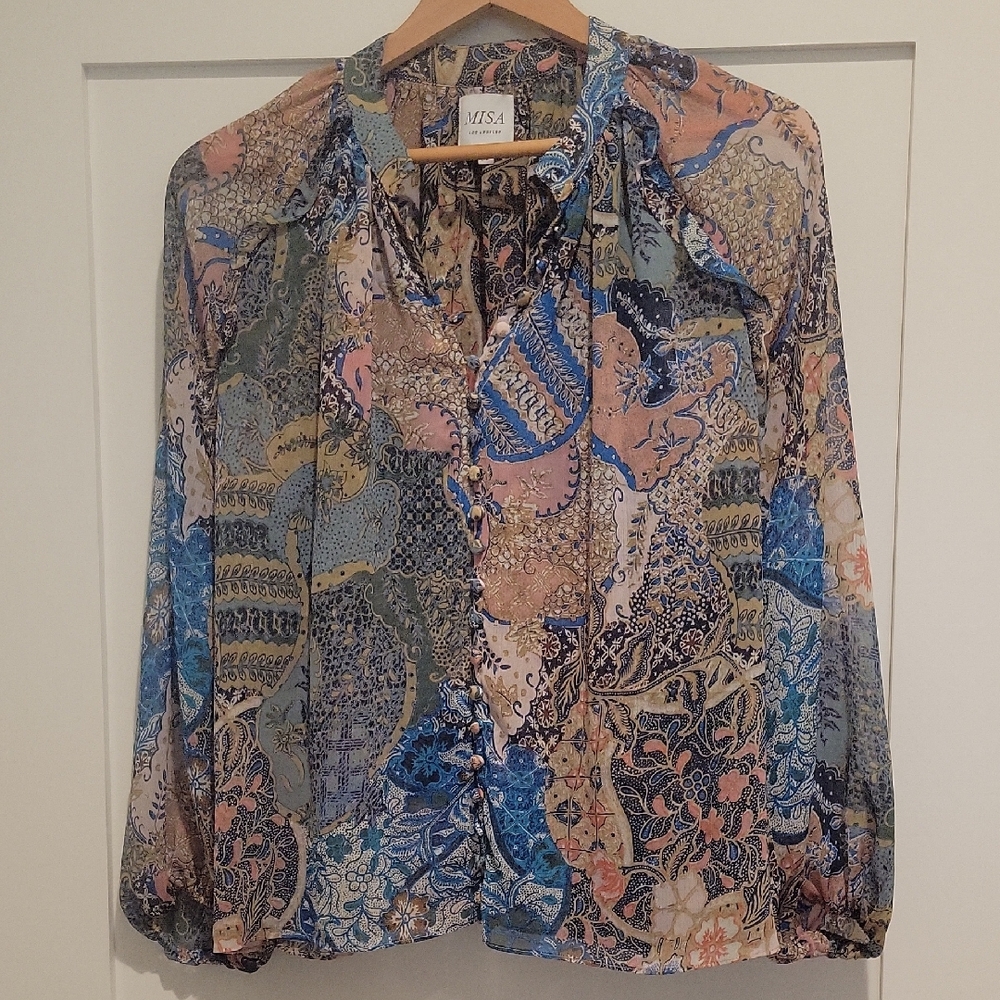 Misa Los Angeles Blue and Pink Patterned Blouse